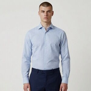 Eton Dress Shirt Mens 39-15.5 Blue Gingham Check Slim Fit Cotton Long Sleeve